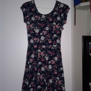 Navy Blue Skater Dress with Floral Print